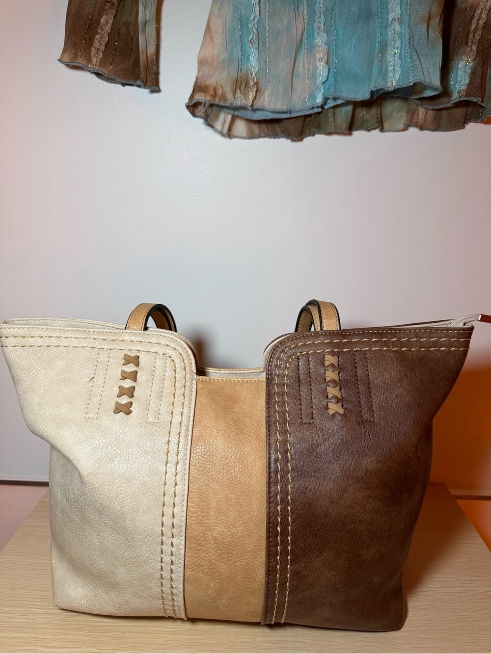 Montana West Three-Tone Leather Tote Bag in Brown, Tan, and Cream